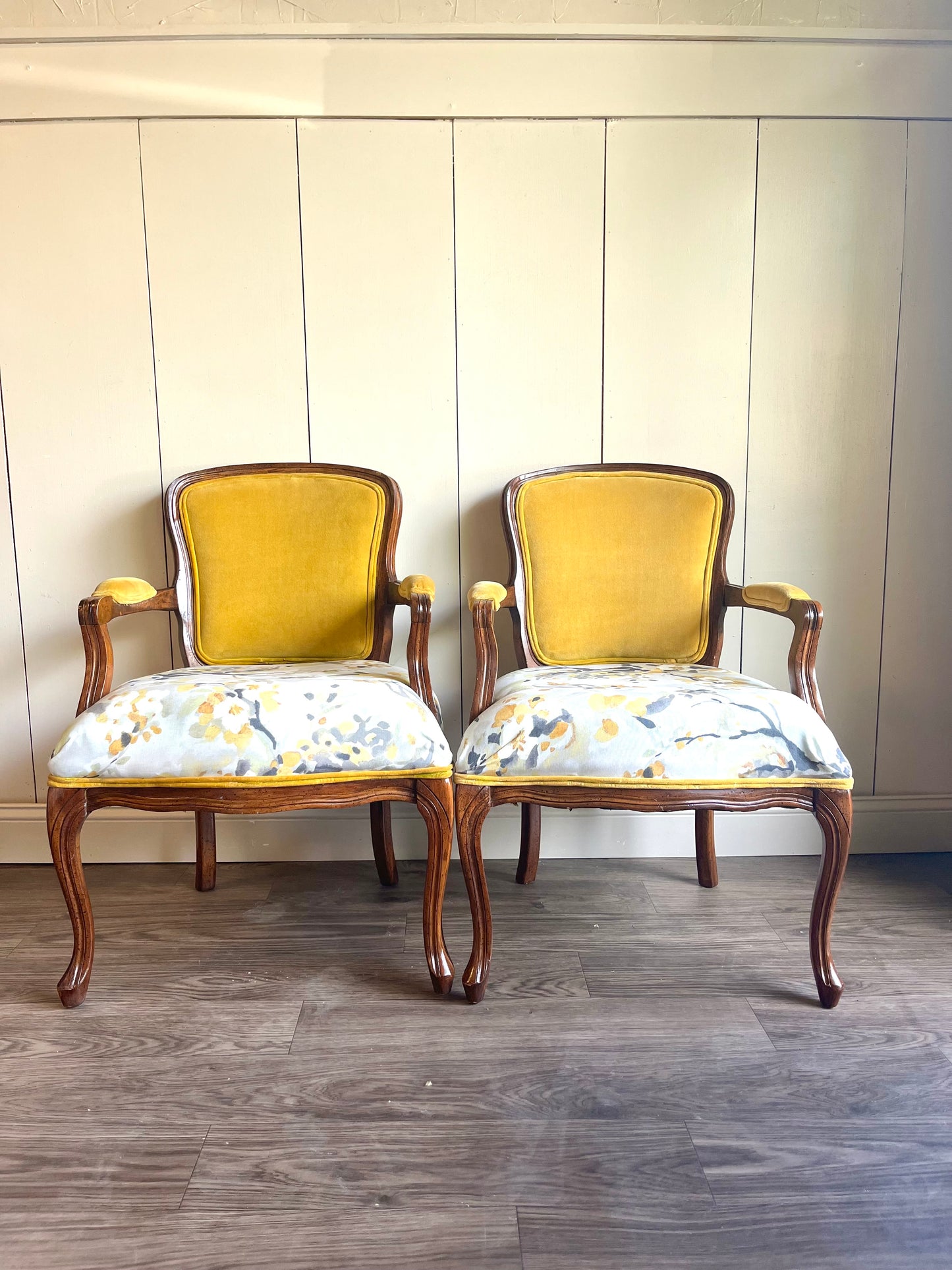 SOLD - Yellow Velvet Vintage Set of Arm Chairs