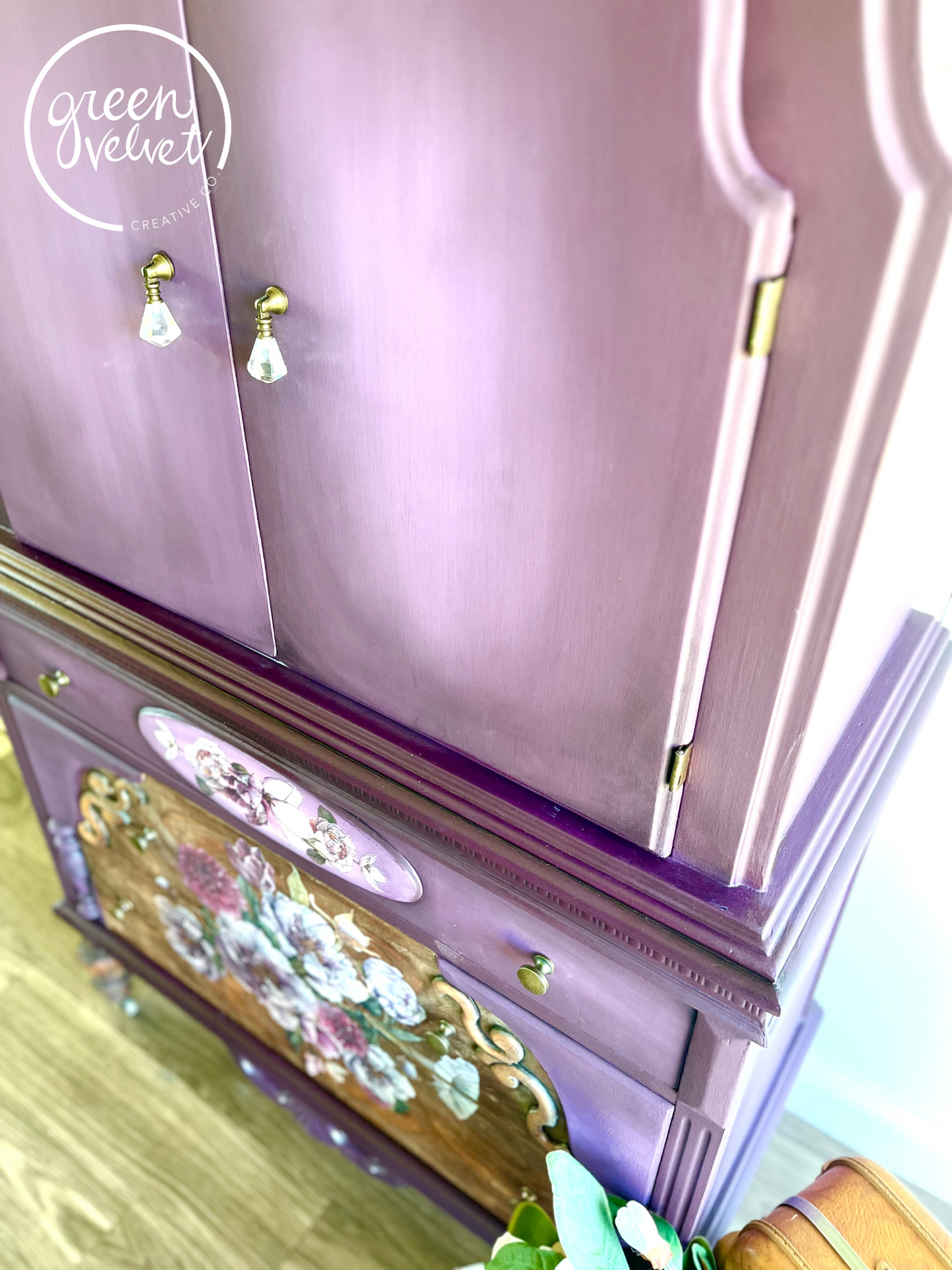 Sold - Blended Purple Armoire with Floral Transfer and Crystal and Bronze Drop Pull Hardware