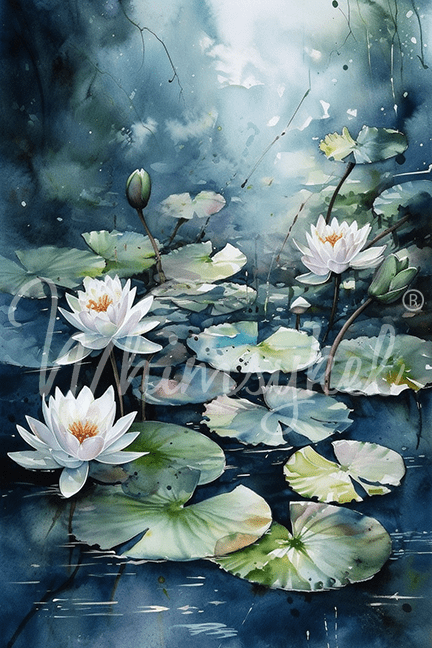 Blue Waterlilies | 18 lb Decoupage Tissue Paper | 21x29 in