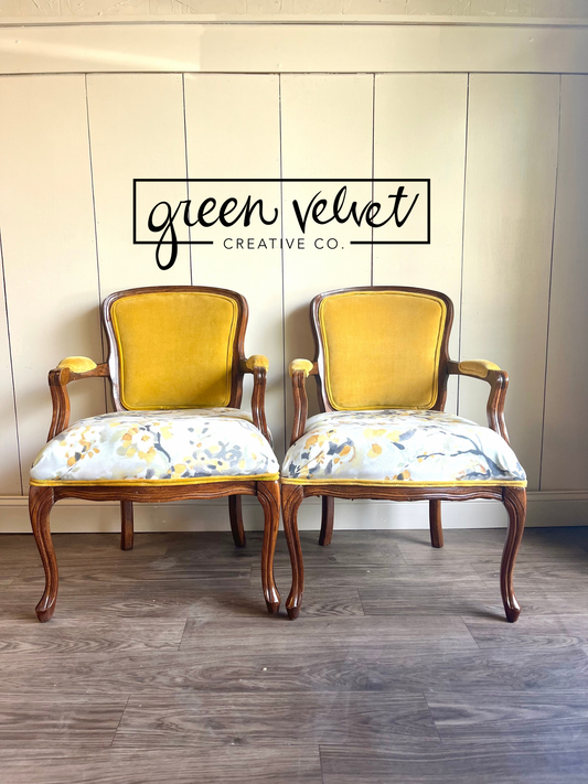 Yellow Velvet Vintage Set of Arm Chairs