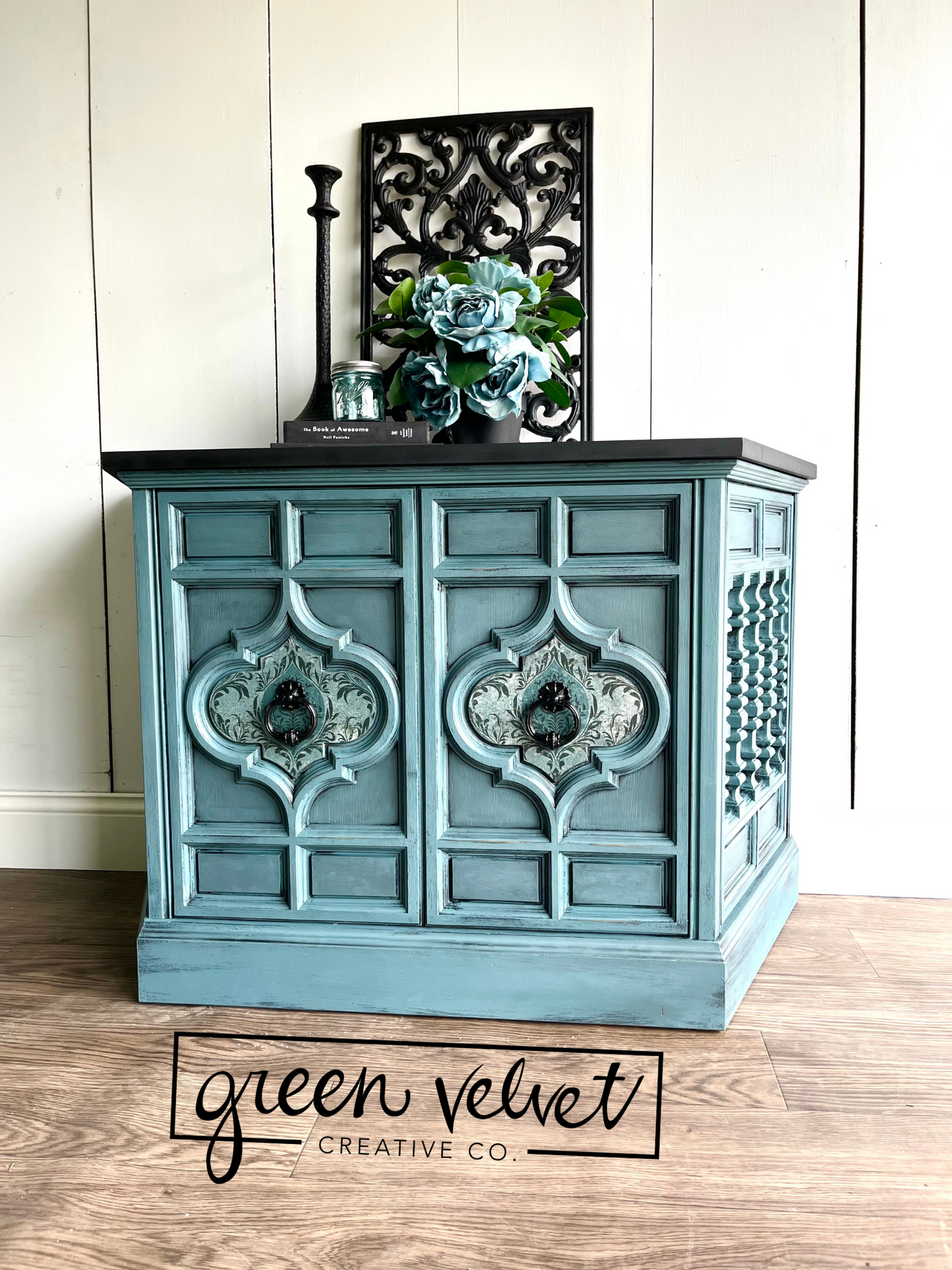 SOLD - Blue Ornate Record Player Cabinet