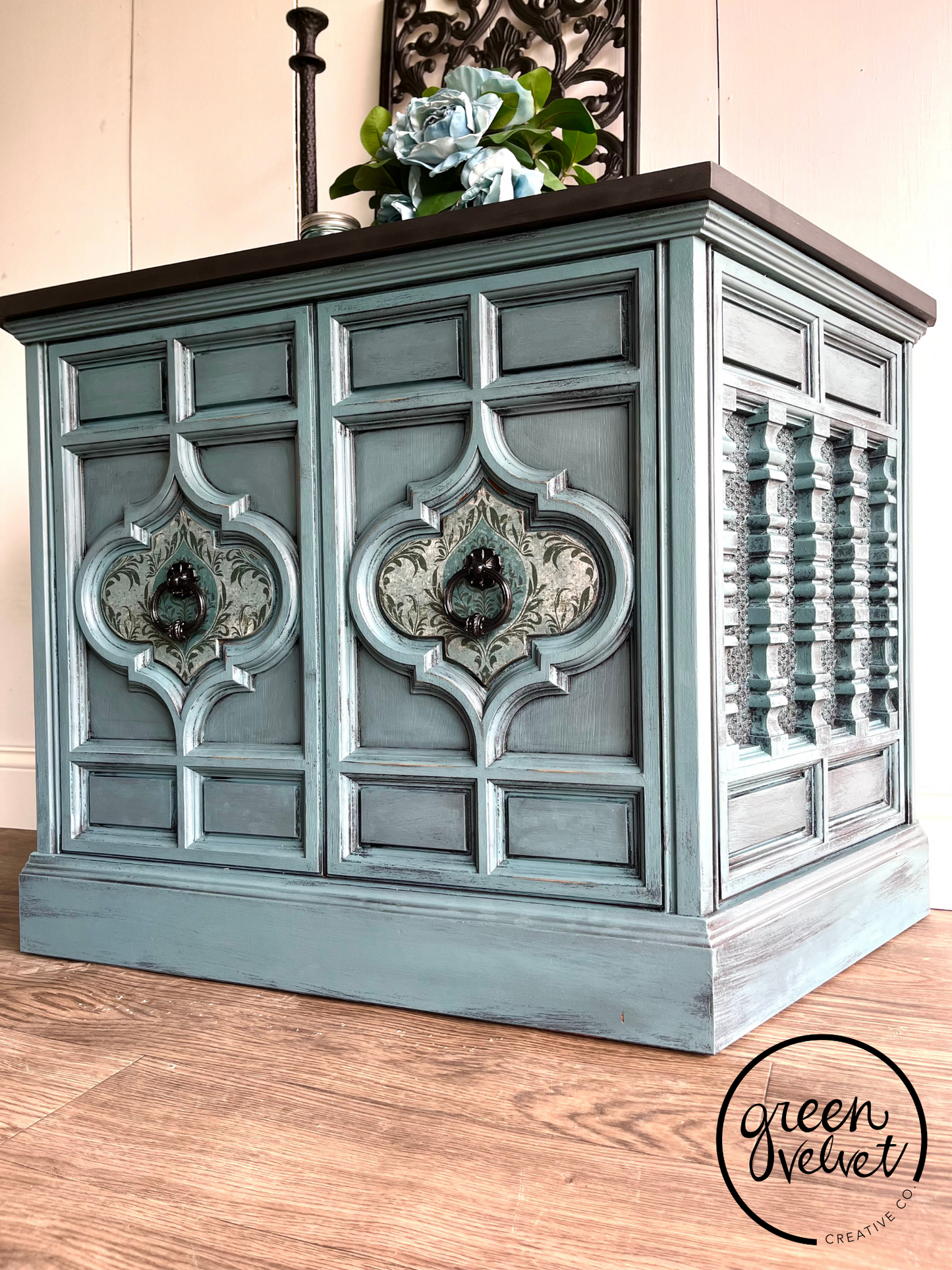 SOLD - Blue Ornate Record Player Cabinet