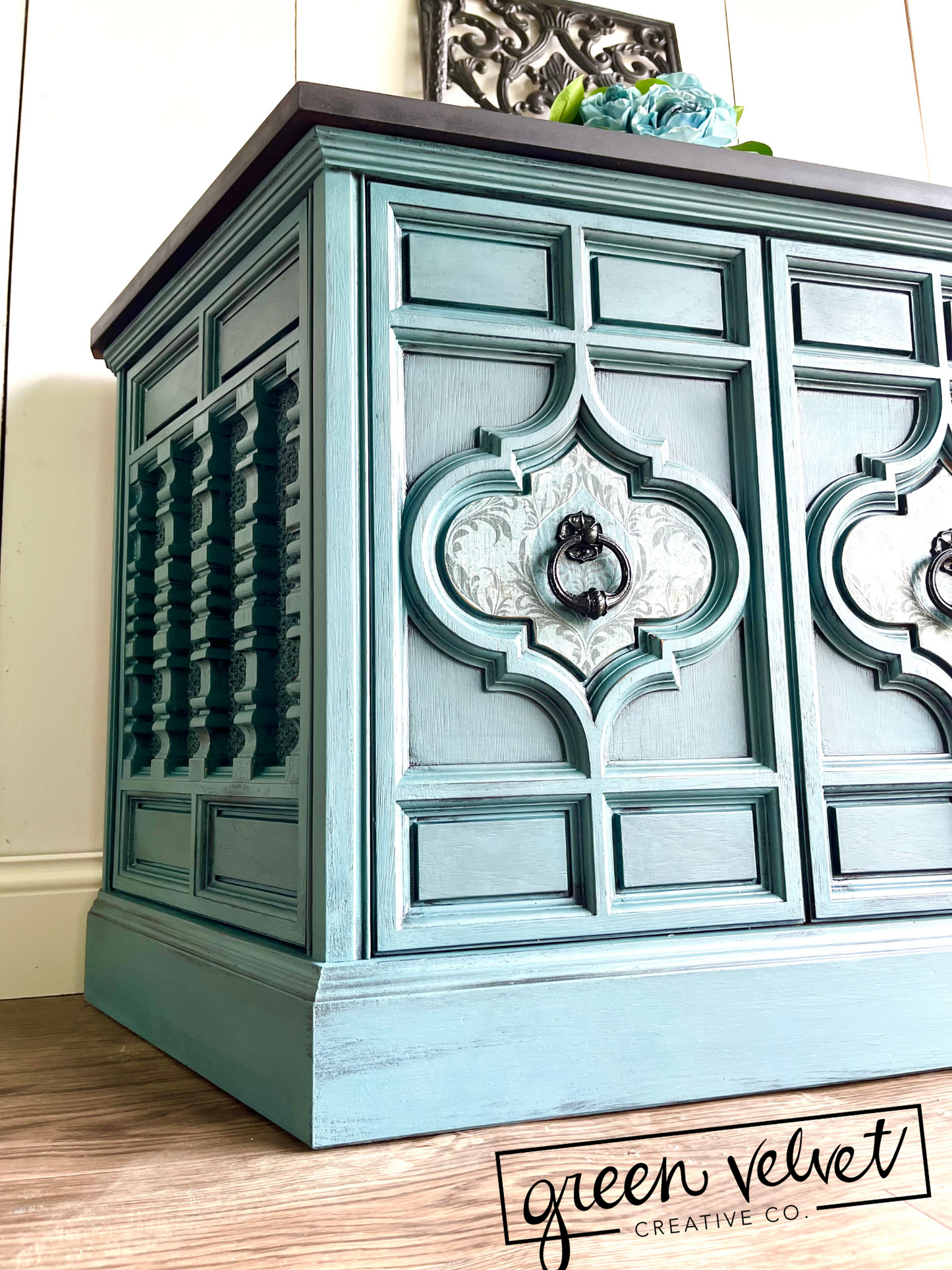 SOLD - Blue Ornate Record Player Cabinet