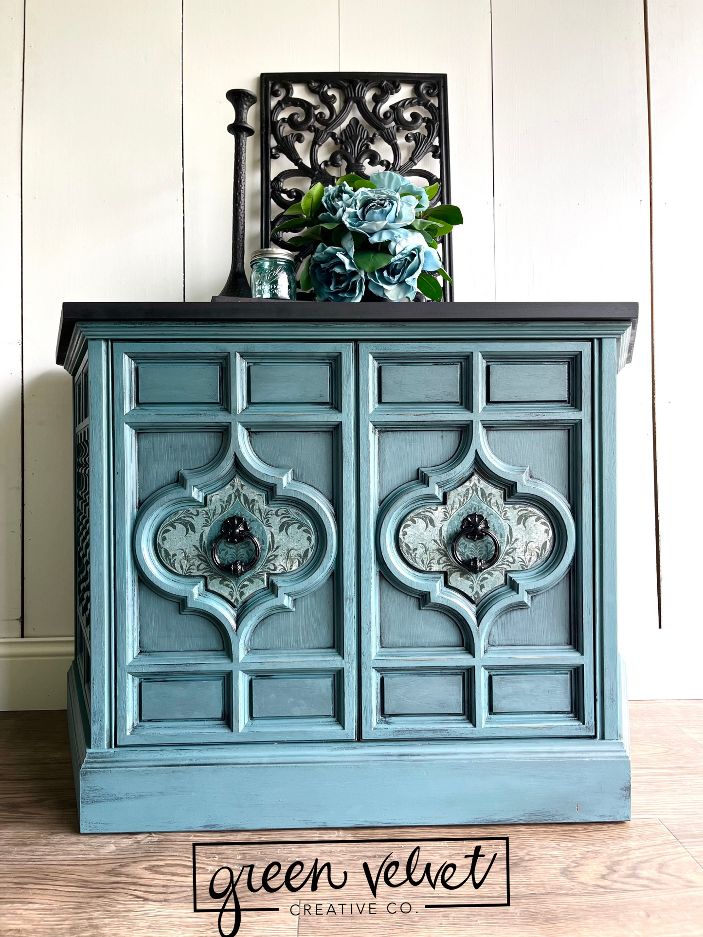 SOLD - Blue Ornate Record Player Cabinet