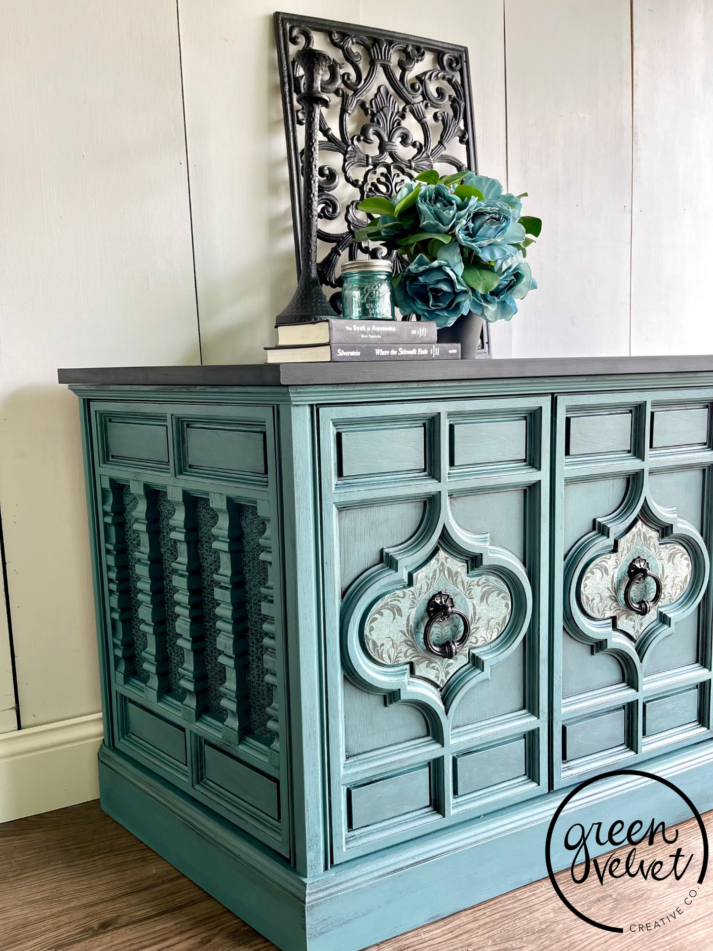 SOLD - Blue Ornate Record Player Cabinet