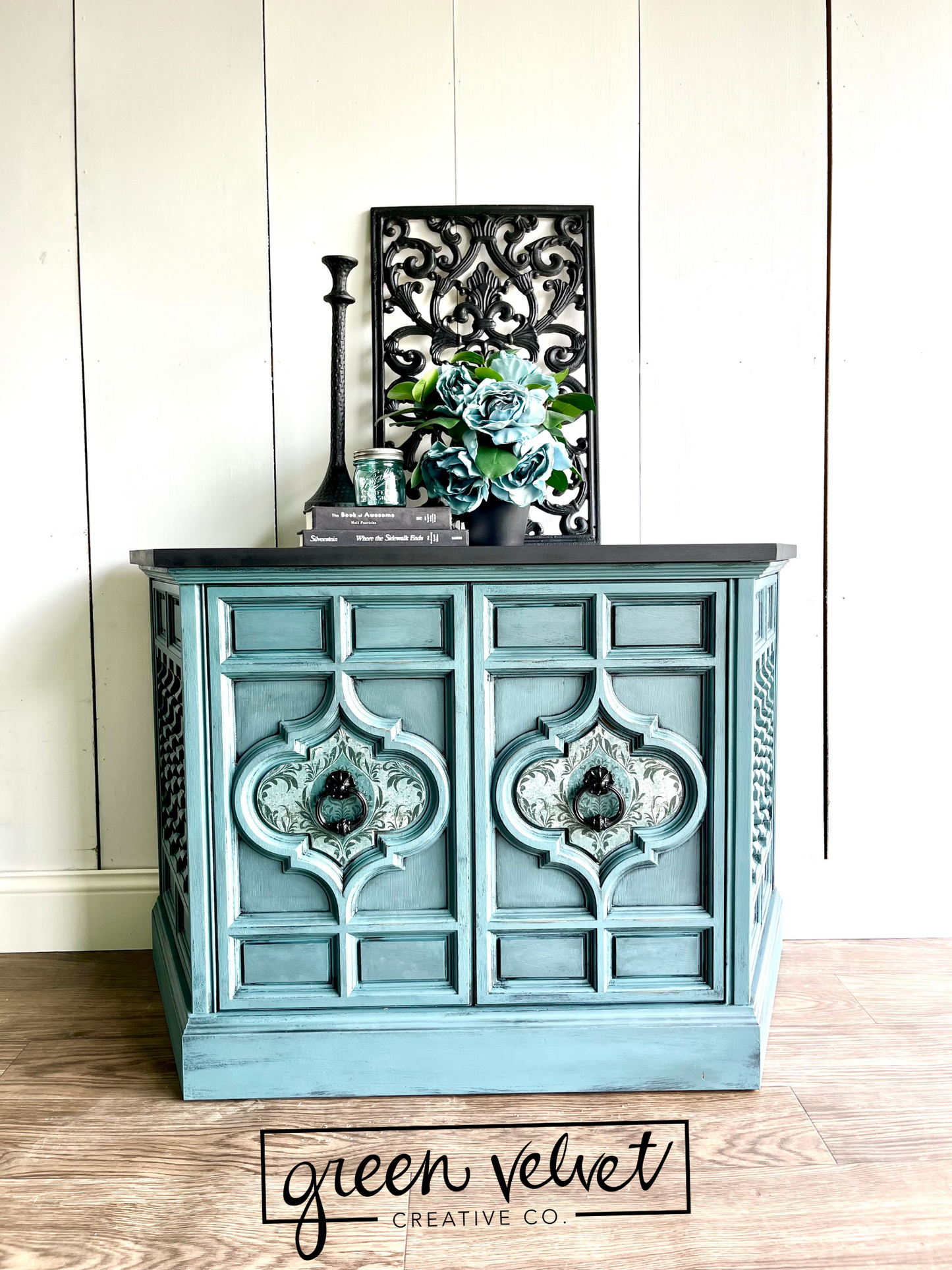 SOLD - Blue Ornate Record Player Cabinet