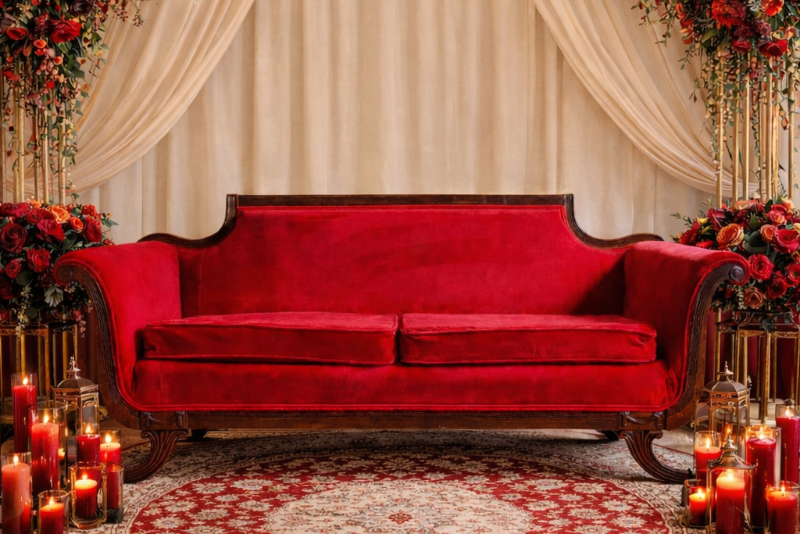 Red Velvet Vintage Sofa in front of a beautiful Floral background and a red rug. The perfect photo backdrop.