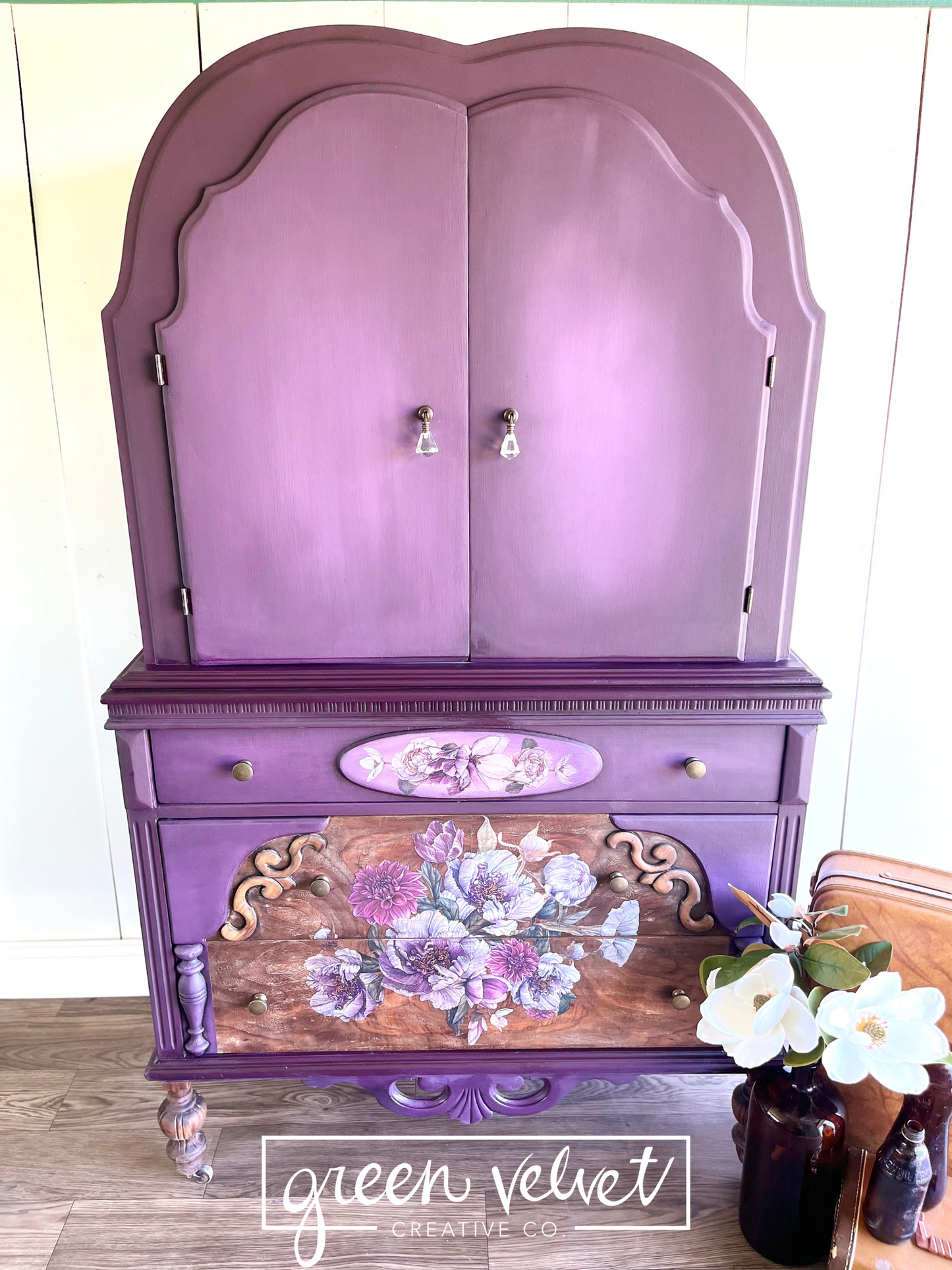 Sold - Blended Purple Armoire with Floral Transfer and Crystal and Bronze Drop Pull Hardware