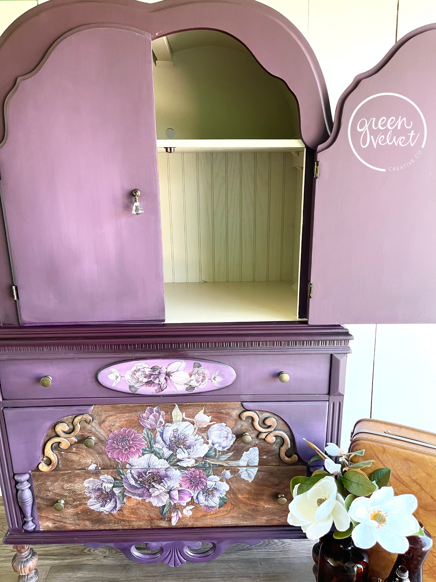 Sold - Blended Purple Armoire with Floral Transfer and Crystal and Bronze Drop Pull Hardware