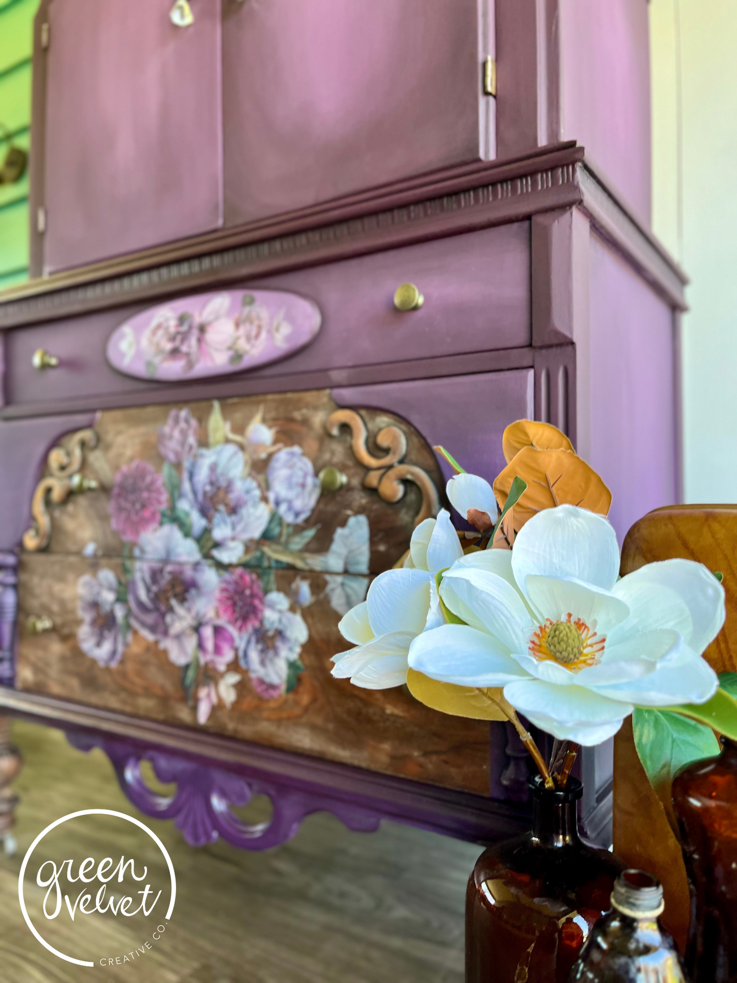 Sold - Blended Purple Armoire with Floral Transfer and Crystal and Bronze Drop Pull Hardware