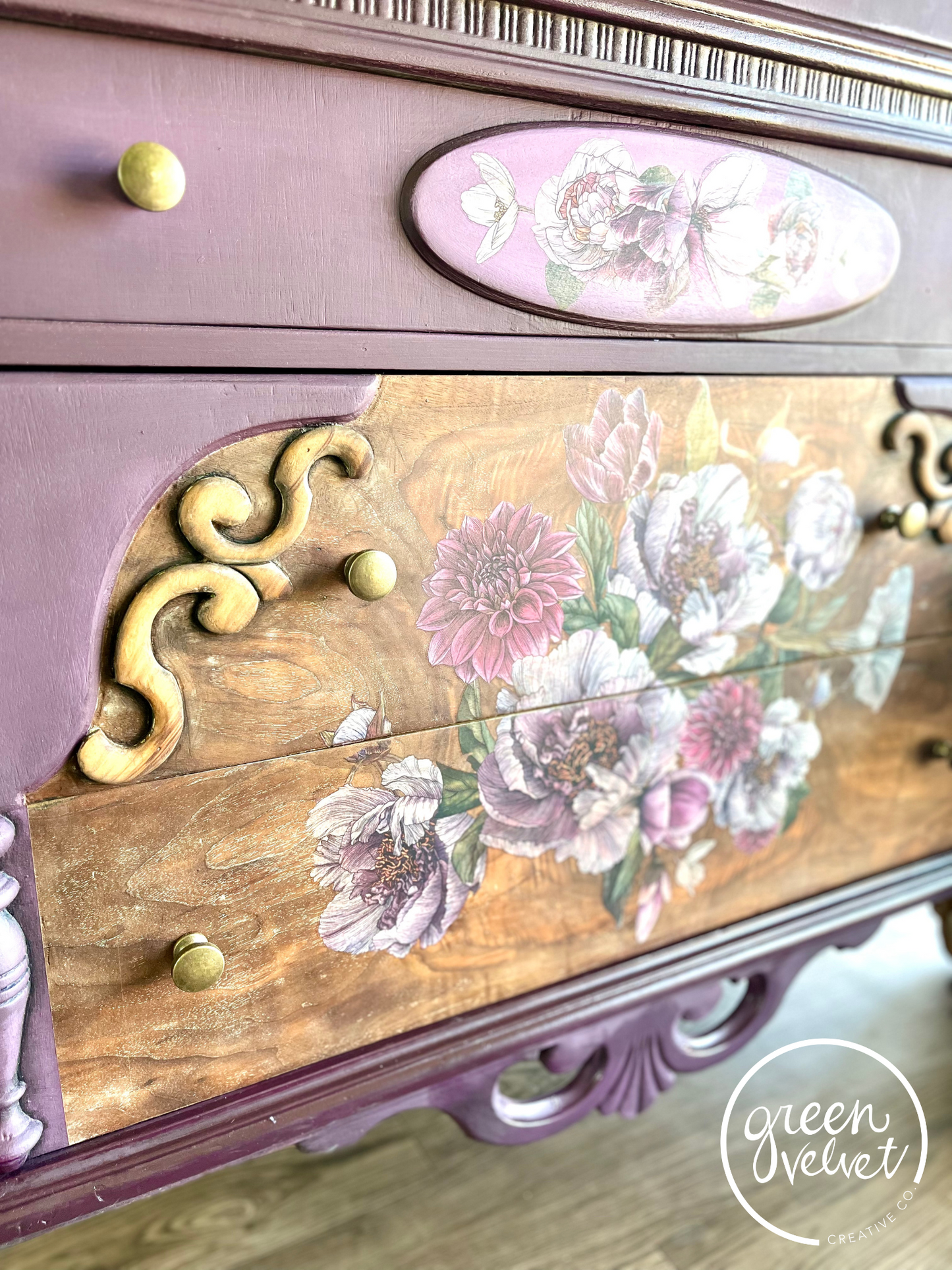 Sold - Blended Purple Armoire with Floral Transfer and Crystal and Bronze Drop Pull Hardware