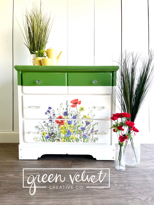 Sold - Spring Green Wild Flower Dresser with Crystal Knobs