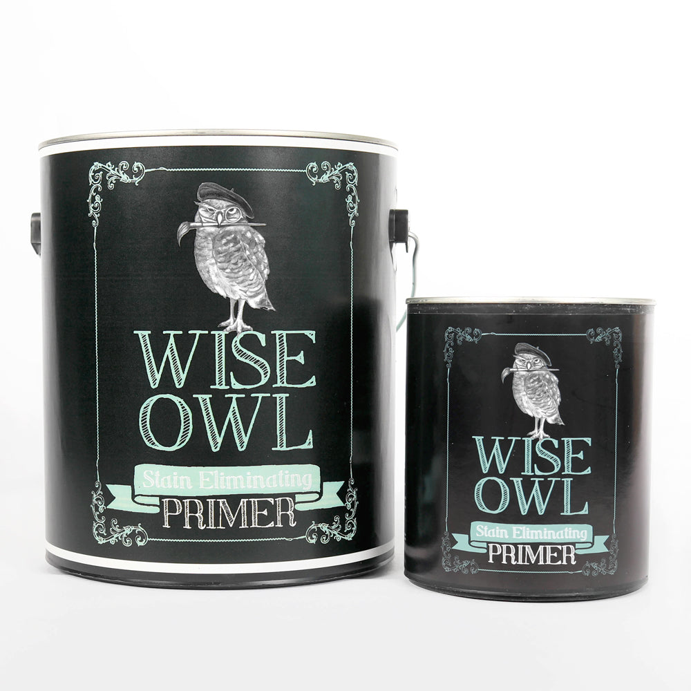 Wise Owl stain-blocking primer in quart and gallon sizes for furniture and cabinet prep